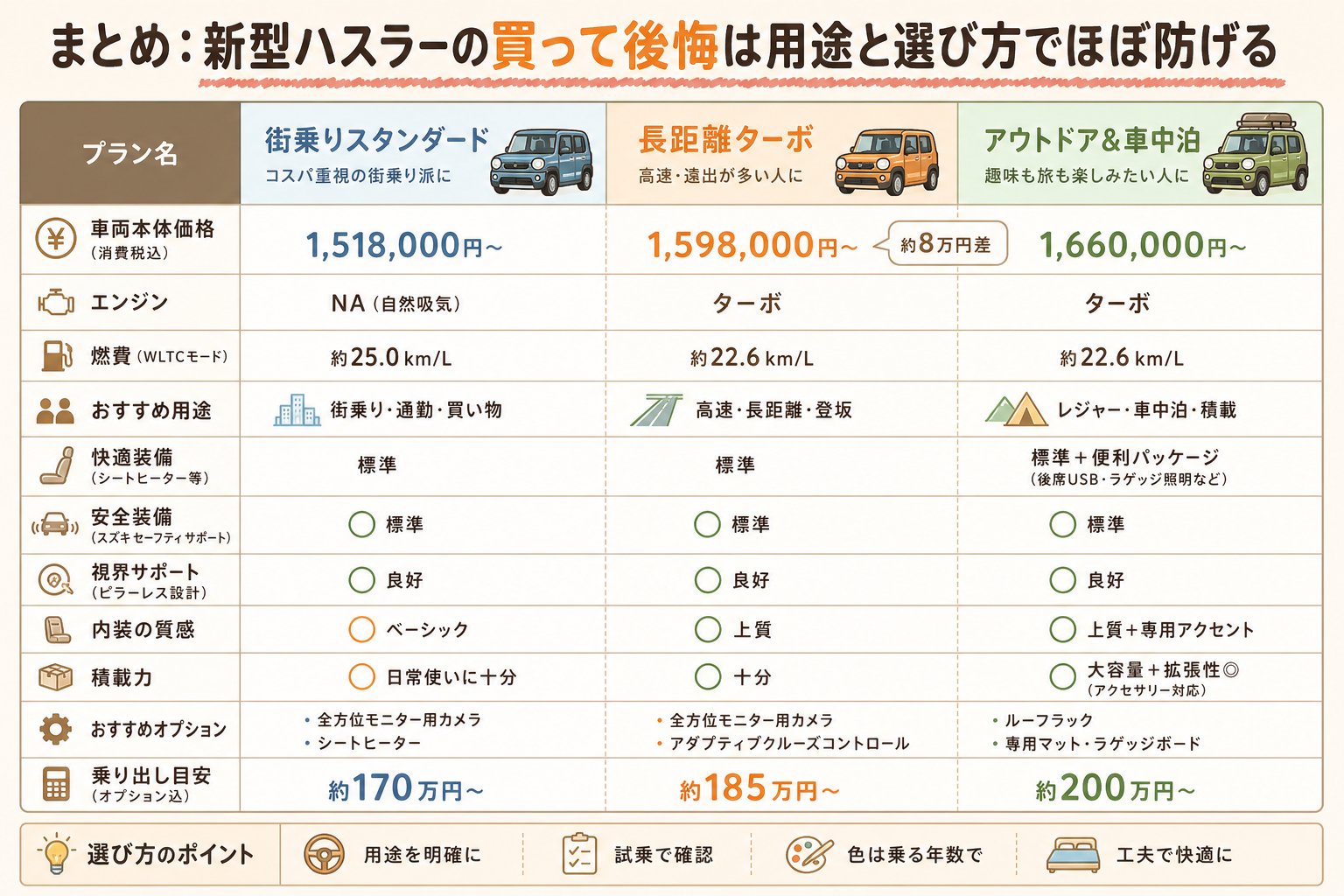 まとめ:新型ハスラーの買って後悔は用途と選び方でほぼ防げる