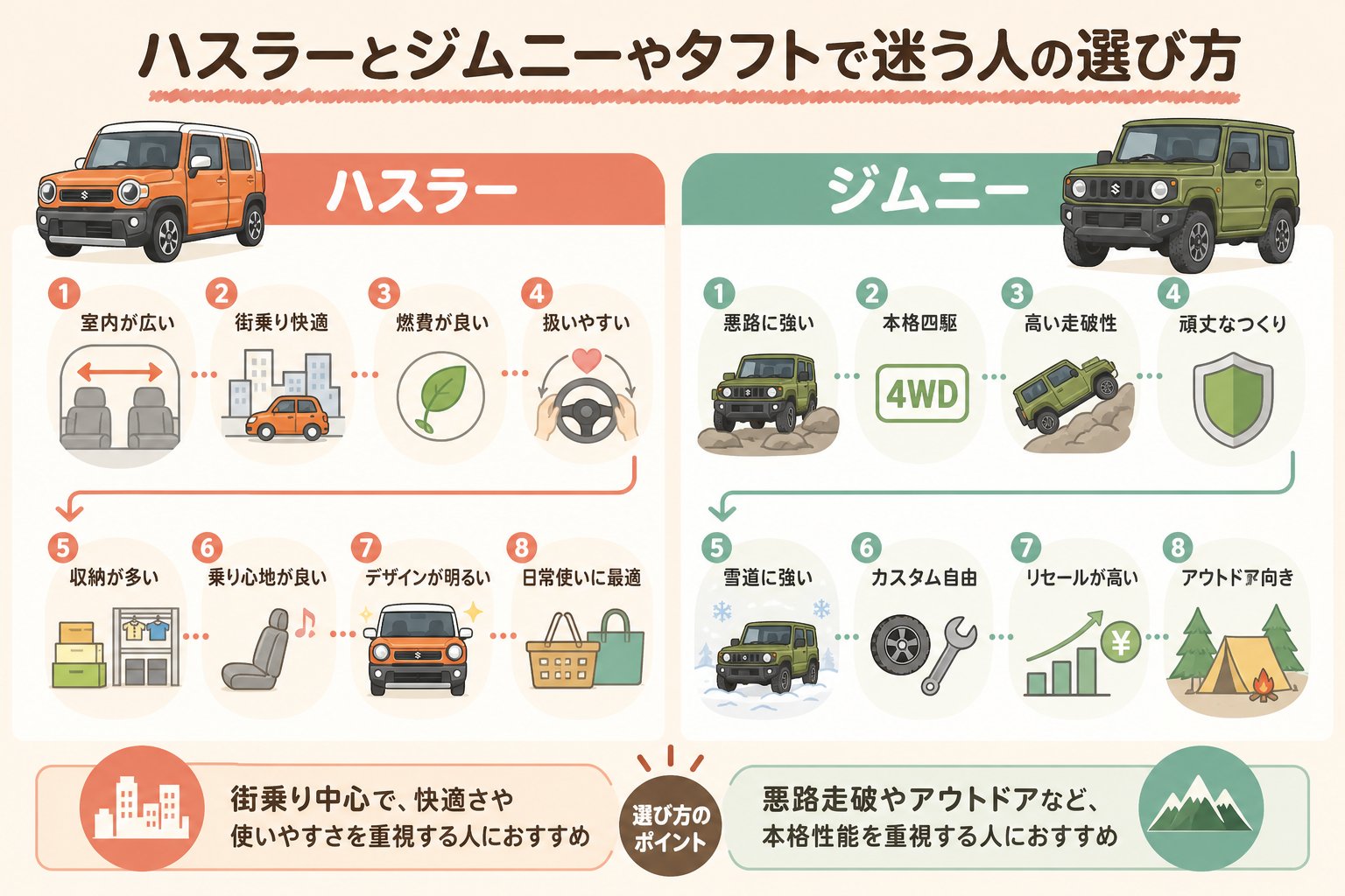 ハスラーとジムニーやタフトで迷う人の選び方