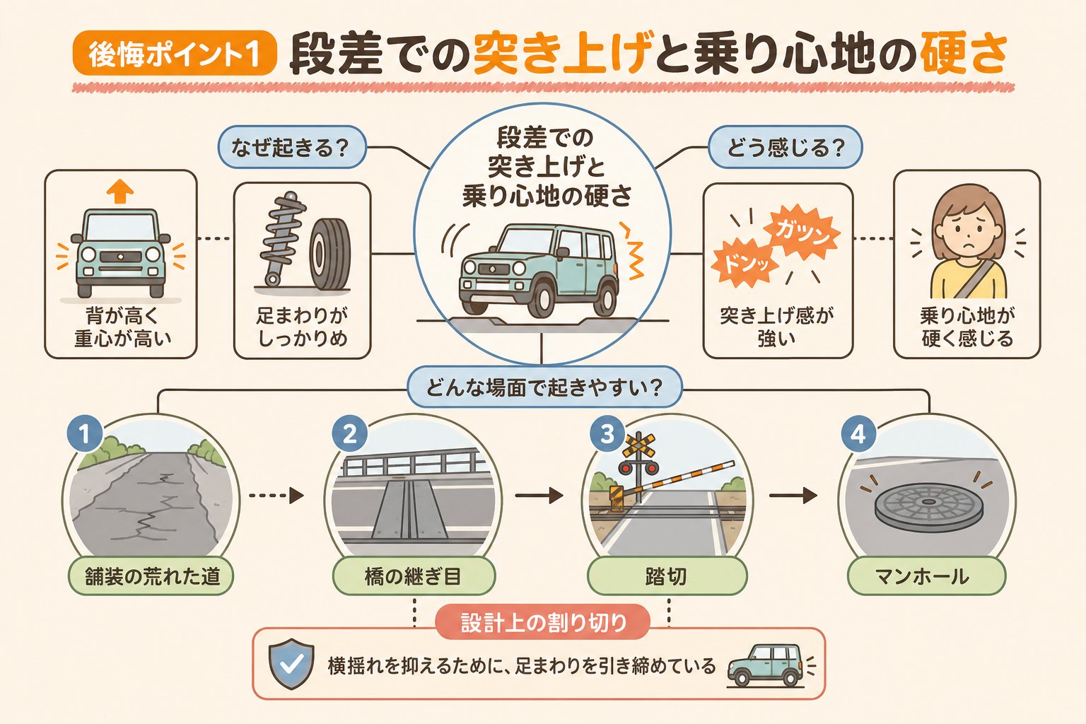 後悔ポイント1 段差での突き上げと乗り心地の硬さ